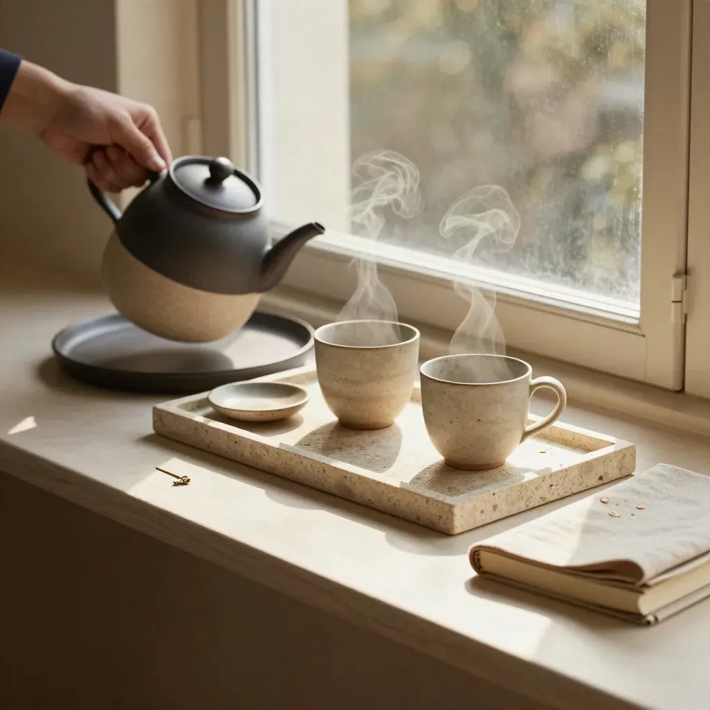 Tea set steaming on a pale bench by a bright window, with journal and napkin.