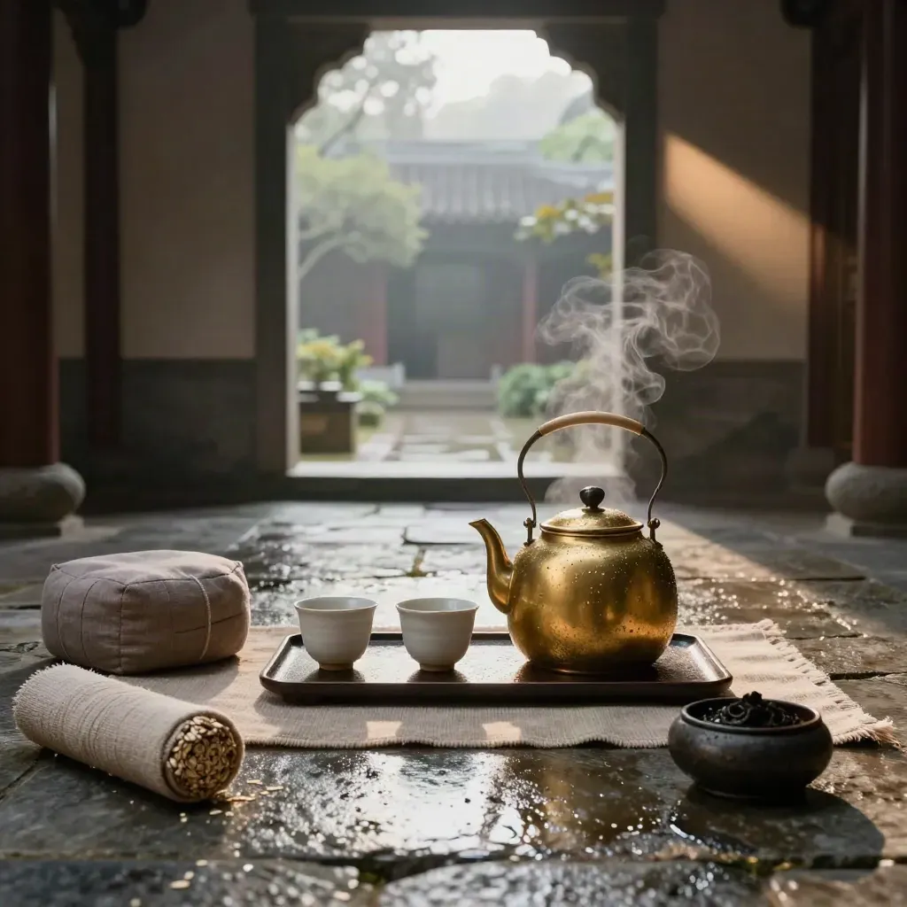 Rain-washed cloister tea ritual with brass kettle, cups, zafus and misty garden arch.