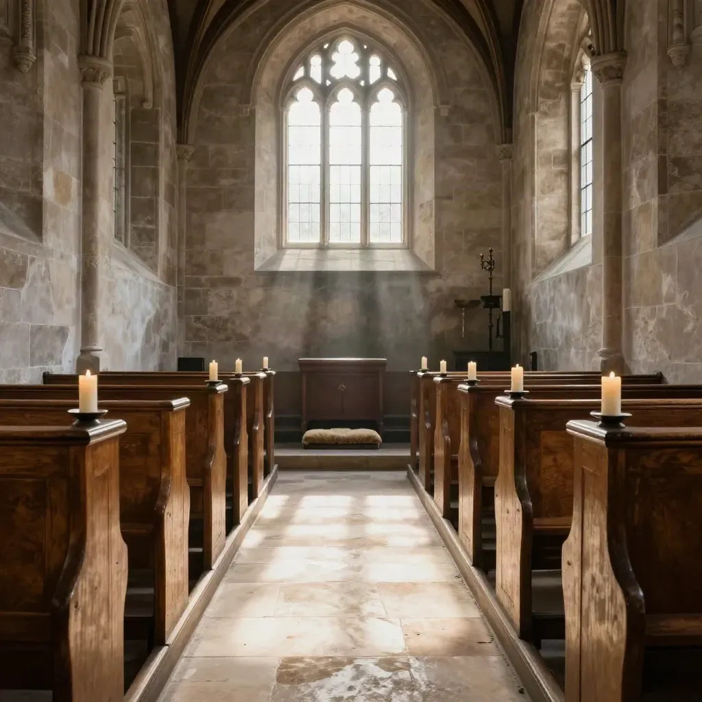 Sunlit chapel nave with wooden benches, low cushion, candles, and stone tracery.