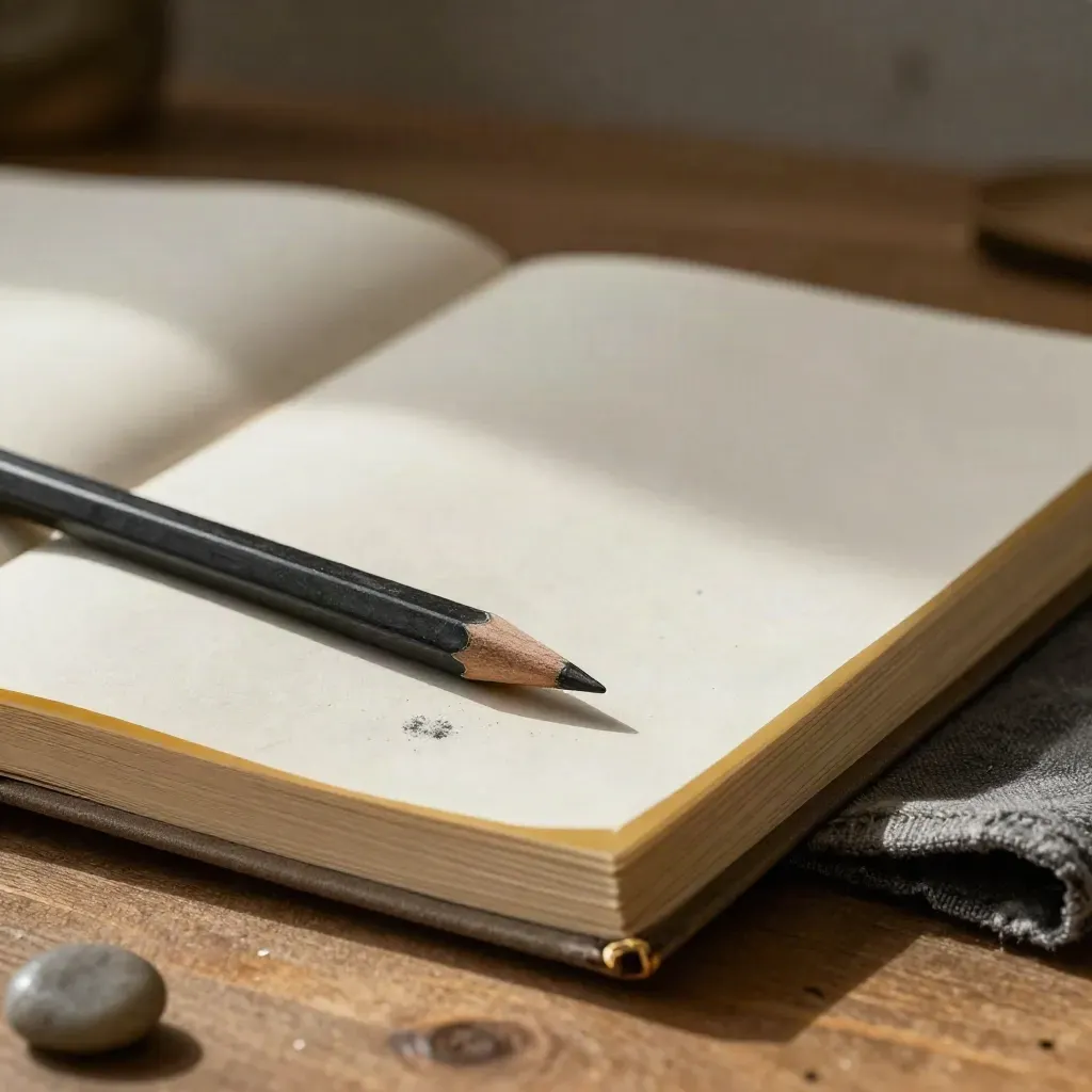 Opened handmade journal, graphite pencil, stone paperweight and linen cloth on a low wood table