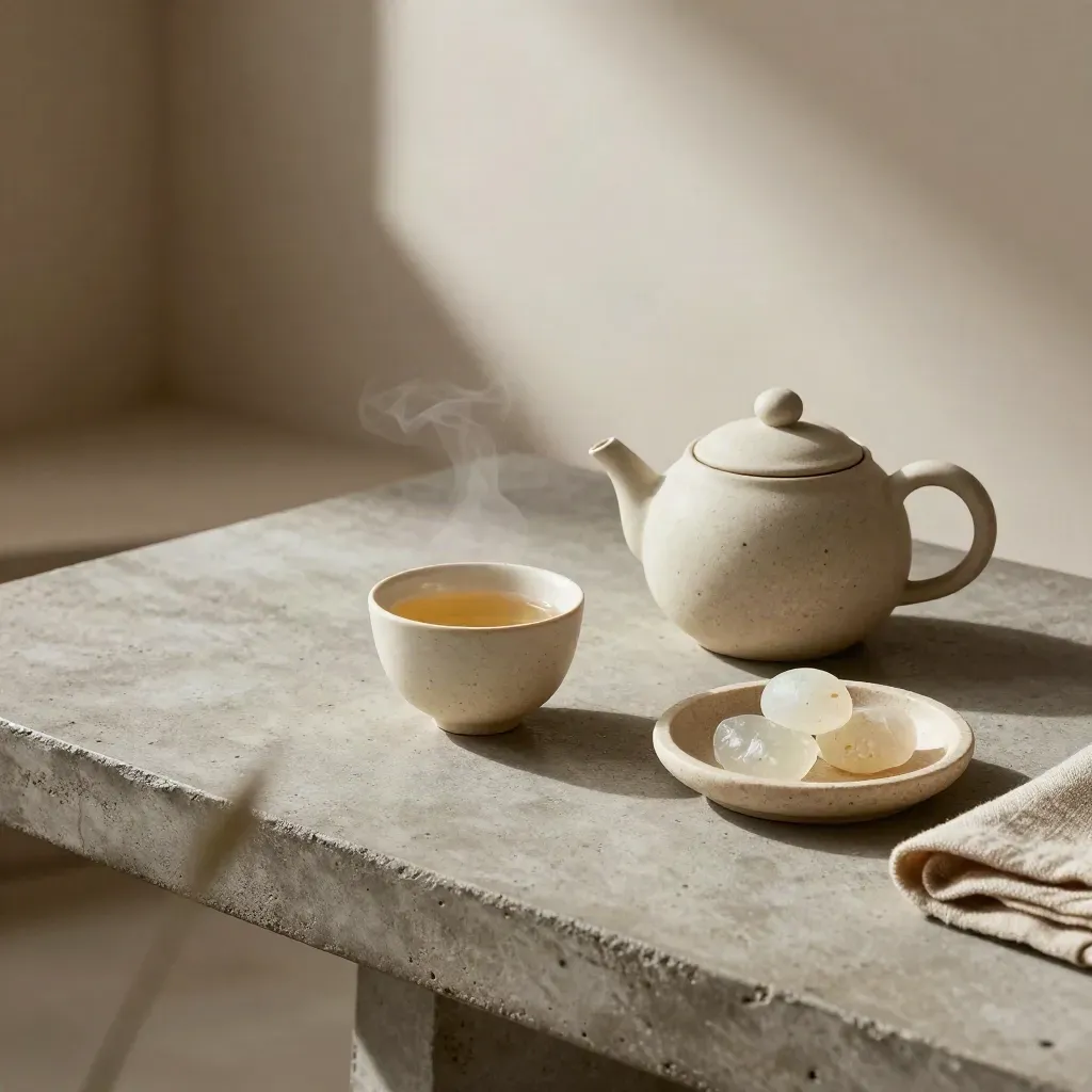 Tea cup, teapot, sweets plate, and linen runner on a stone table in soft ritual light.