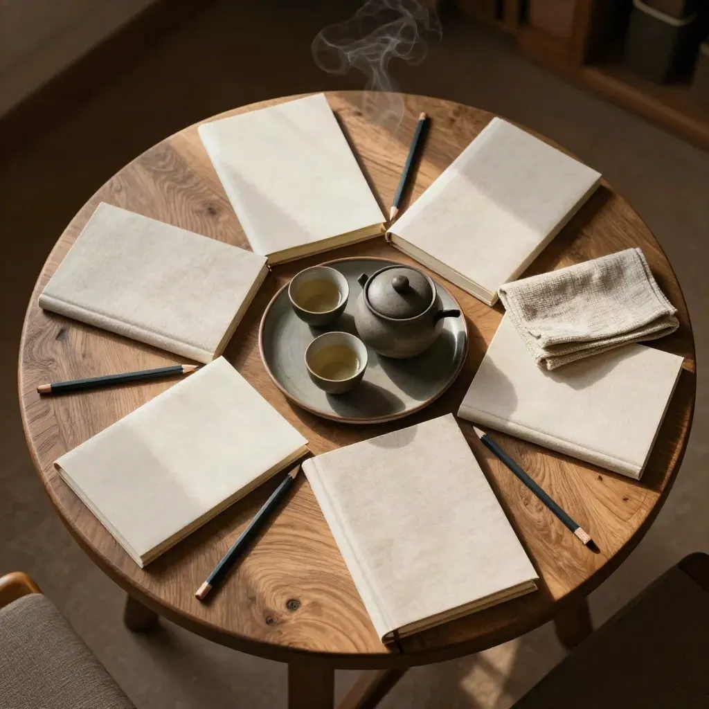 Overhead view of journals, pencils, folded cloths and a tea tray on a low round table.