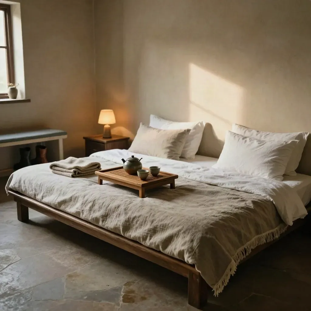 Twin futons, tea tray, wool blanket and boots in a quiet countryside guest room at dusk.