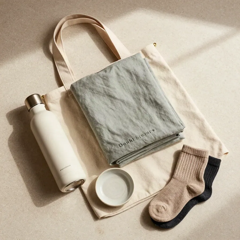 Overhead flatlay of a canvas tote, linen set, water bottle, dish and wool socks on pale stone.