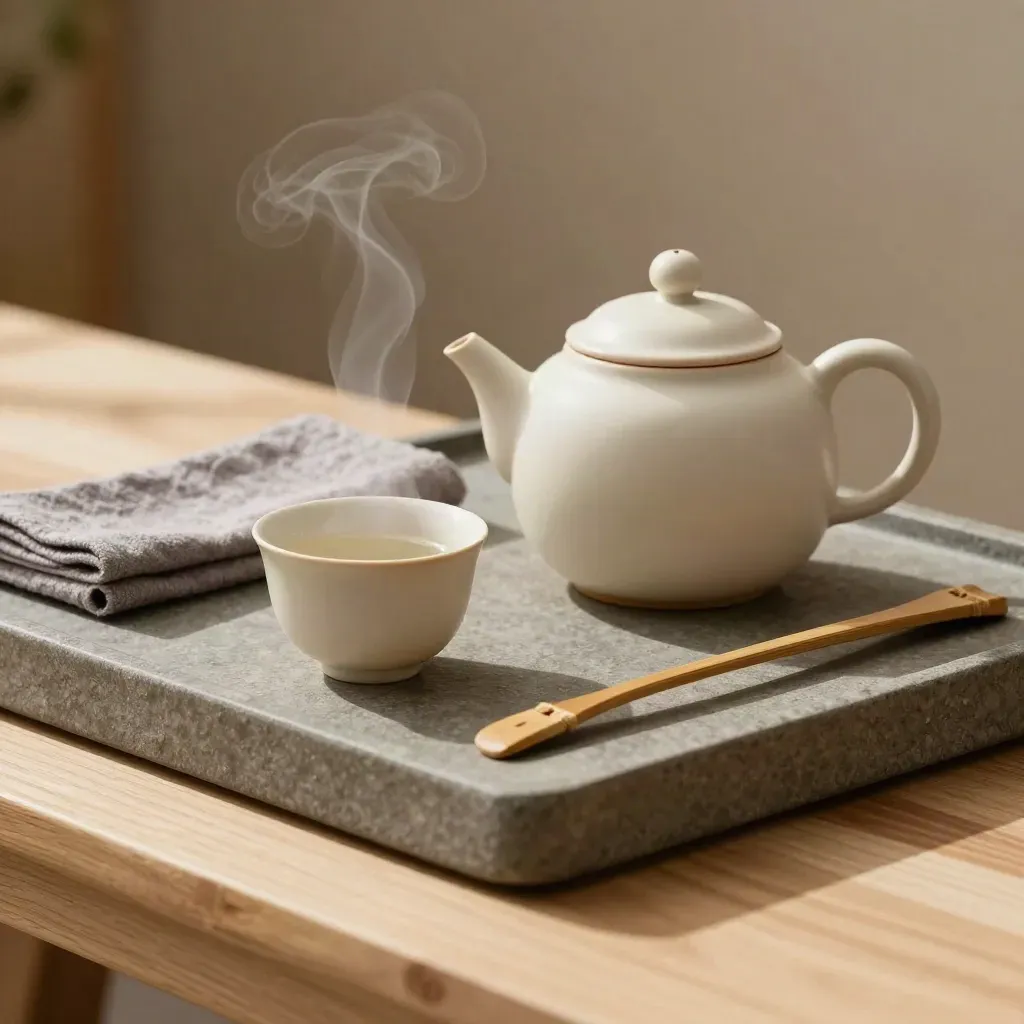 Ceramic teapot, cup, bamboo scoop and tea cloth on a stone tray with steam over pale wood.