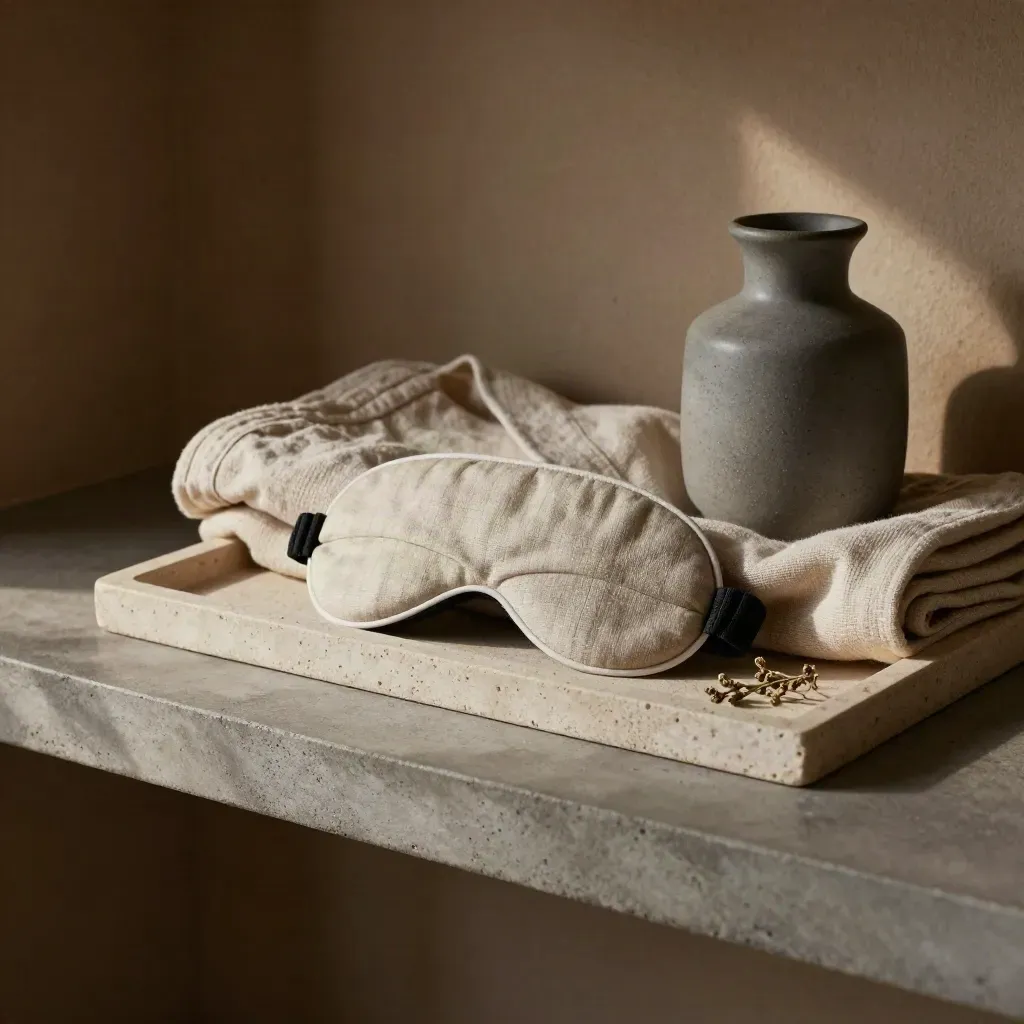 Linen eye mask, robe, carafe, and dried herbs on a stone bedside tray